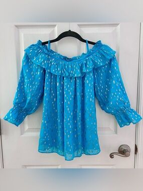 Lilly Pulitzer Ceecee Turquoise Oaisis Ruffle Blouse with Gold Metallic Dots